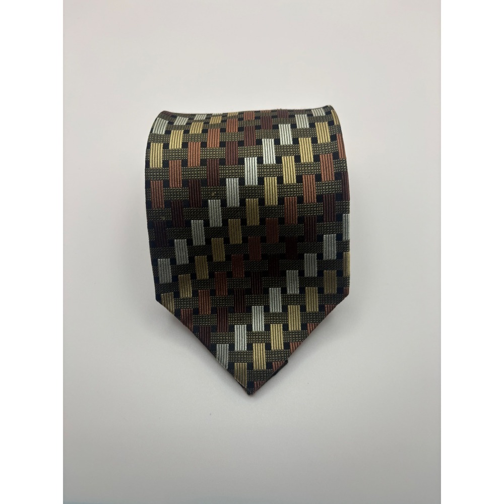 Valerio Garati Mens Silk Necktie Geometric Woven Olive Rust Gold Hand Made
